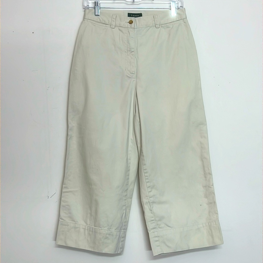 🌞 Lauren Ralph Loren cream light khaki high rise wide leg  button fly capris 6